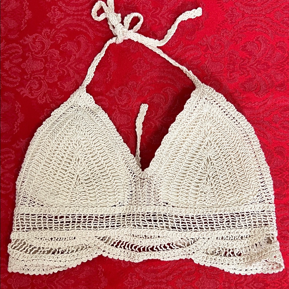 Cream Crochet Bralette Halter Boho Festival Top Women’s S-M (Estimated)